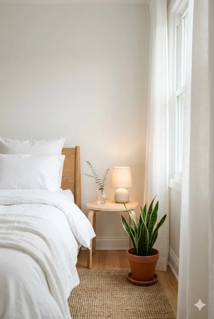 Airy bedroom corner with white cotton bedding, wooden bedside table, and a single stem in a glass vase