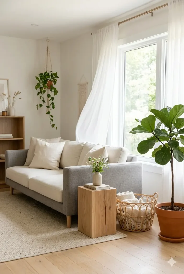 Bright and airy summer living room with neutral linen sofa, fiddle leaf fig plant, and sheer curtains