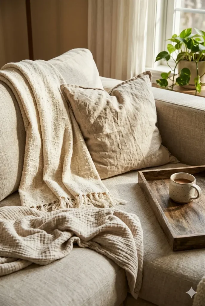Close up of layered neutral linen and cotton textiles on a light sofa with warm afternoon sunlight