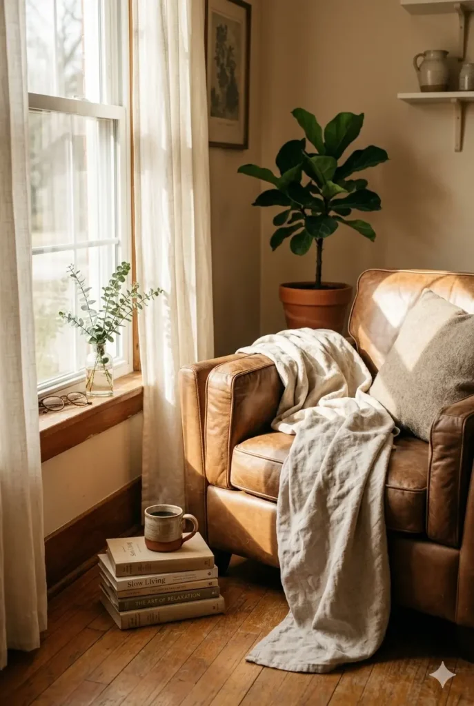 Cosy living room nook with an armchair, soft linen throw, and warm sunlight streaming through the window