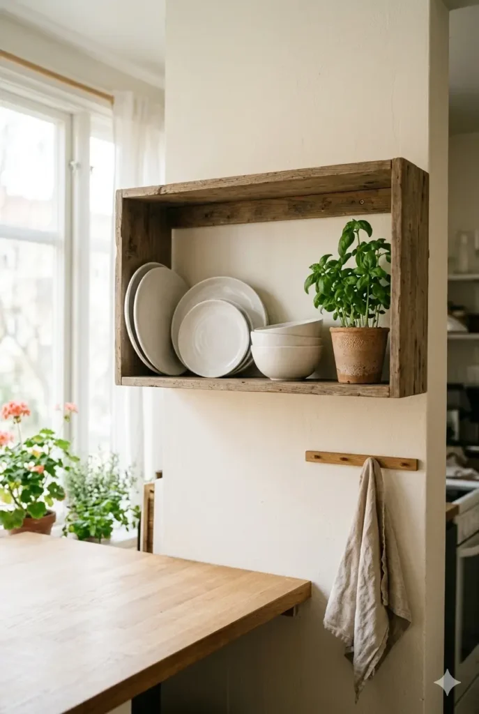 Open kitchen shelf with white ceramic plates and a terracotta pot of fresh basil