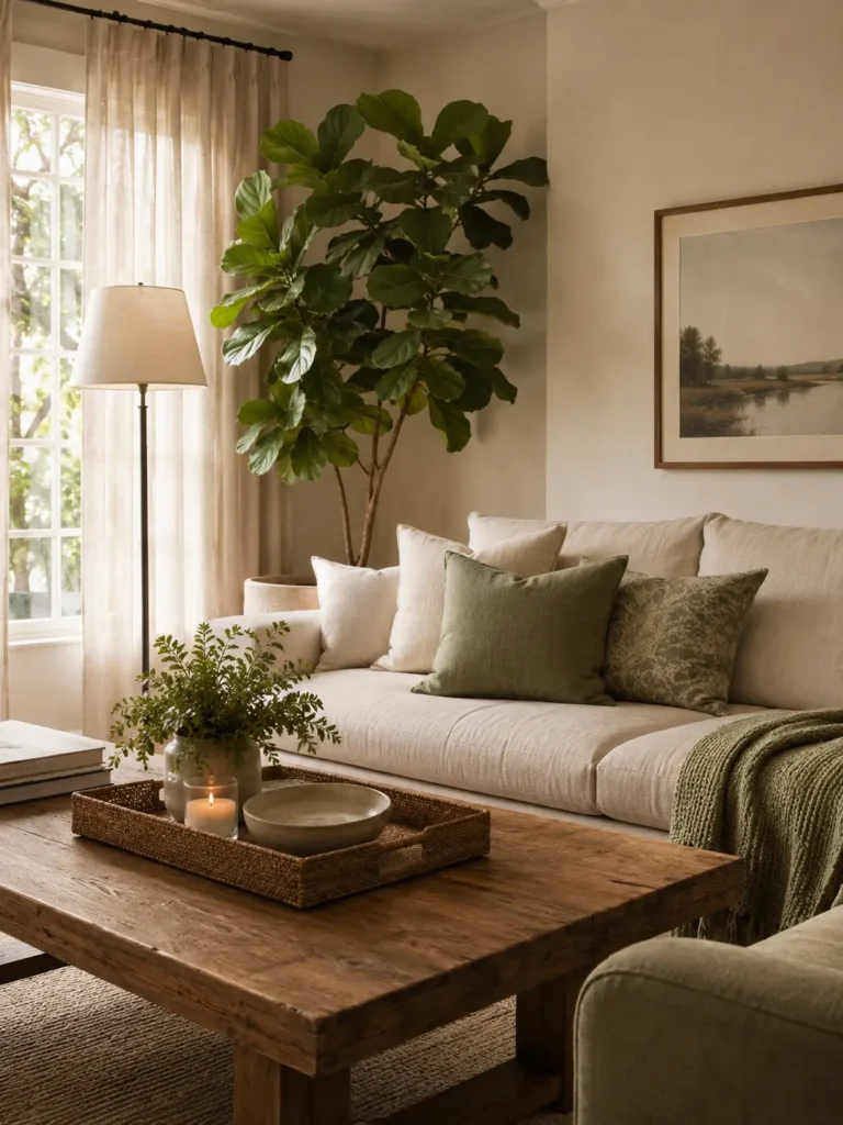 Bright and elegant living room with neutral linen sofa, wooden coffee table with tray, fiddle leaf fig plant, and sheer curtains