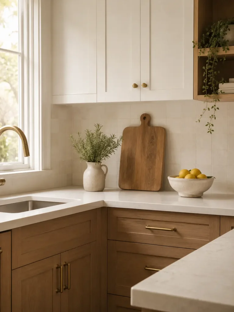 Clean bright kitchen with clear countertops, wooden cutting board, ceramic vase with herbs, bowl of lemons, and brass cabinet hardware