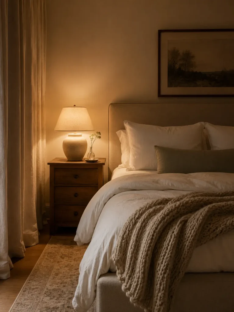 Cozy bedroom with white cotton bedding, linen duvet, chunky knit throw, wooden bedside table with warm lamp, and floor length curtains